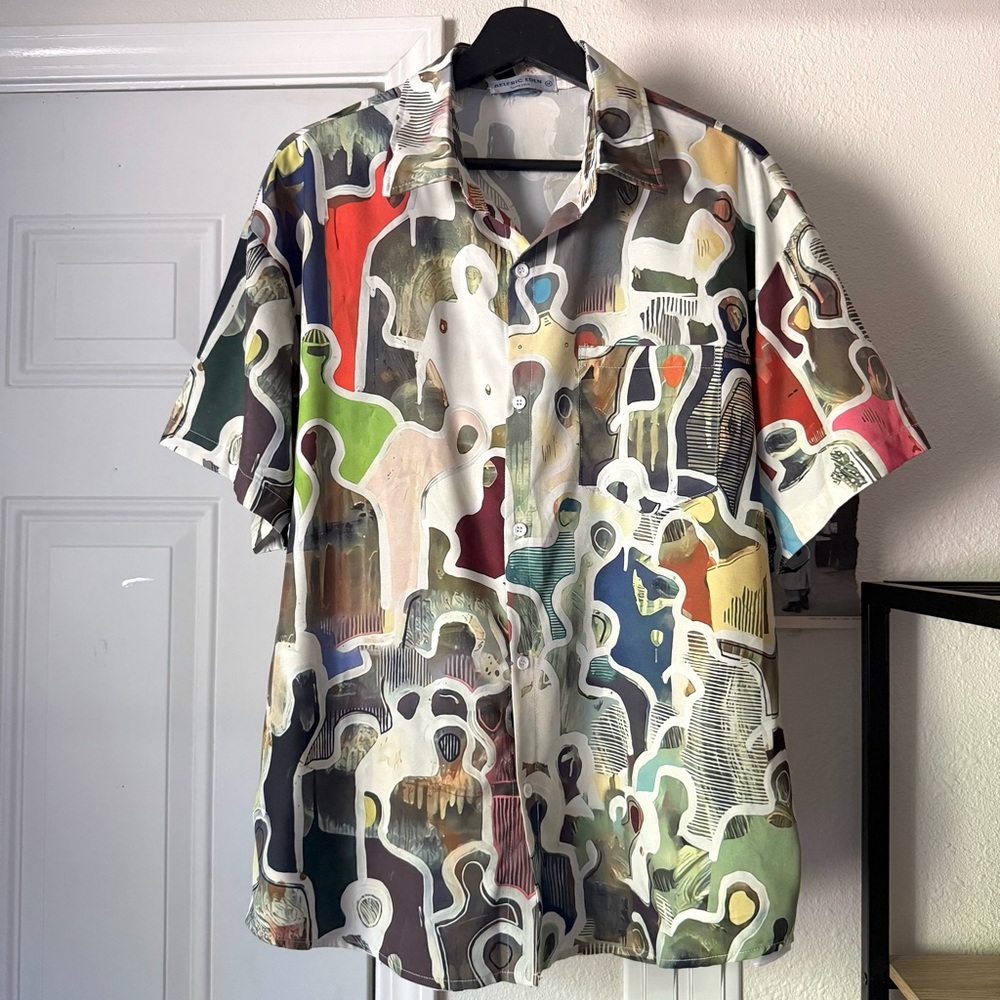 Aelfric Eden multicolor art silhouette print‎ short sleeve button up shirt